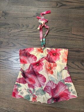 Strapless Floral Halter Top in Pink and Cream
